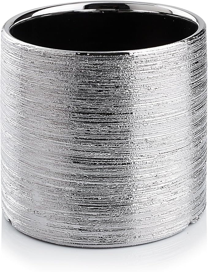 WGVI Silver Etched Ceramic Cylinder Vase Width 5.5" Height 5", Flower Arrangements, Candle Holder, Terrarium Planter Pot, Storage Container Organizer, Pen Brush Holder, Scratched Texture Design, 1 Pc