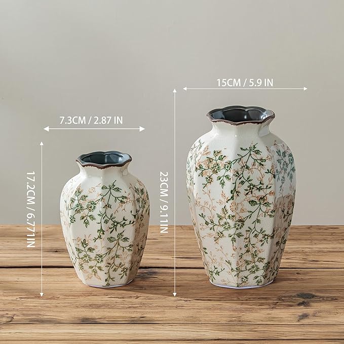 Vintage Pastoral Octagonal Vase, Green and Beige Retro Ceramic Flower Vase, Rustic Farmhouse Vases Chinoiserie Floral Large Vase for Home Decor, Living Room, Kitchen, Bedroom and Shelf 9.1 Inch