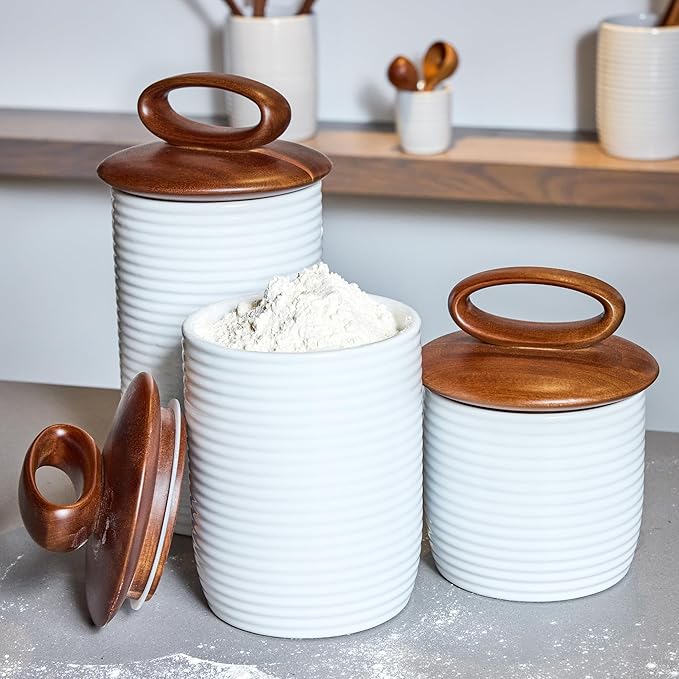 Nambe x Tom Papa Breaking Bread Canister - 10”H x 6”W, Ceramic Stoneware Storage Jar with Acacia Wood Lid & Silicone Seal for Fresh Food, Scandinavian Kitchen Decor for Countertop Storage (Medium)