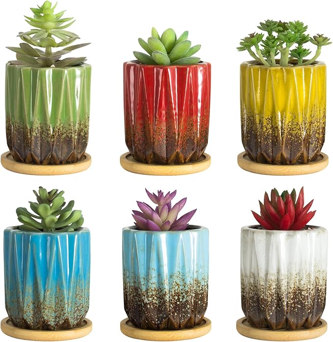 ARTKETTY Succulent Pots - 3.15 Inch Small Plant Pots with Drainage Trays Set of 6, Ceramic Pots for Indoor Plants Glazed Cactus Flower Pots Decorative Garden Home