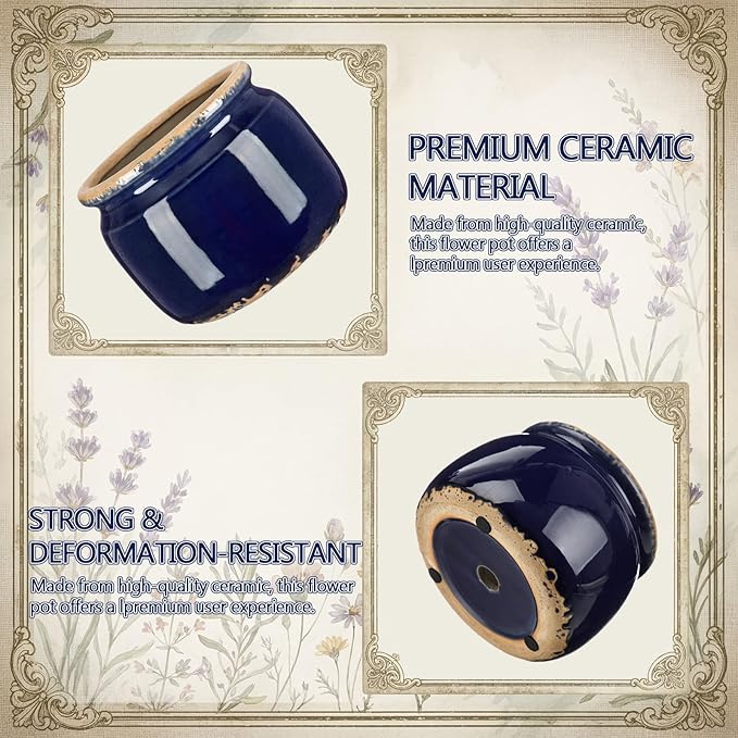 7.7" Large Ceramic Plant Pot Navy Blue Vintage Planter Crackle Glaze Decorative Coastal Flowers Pot with Drainage for Indoor Outdoor Plants Home Shelf Kitchen Office Patio Decor Gift