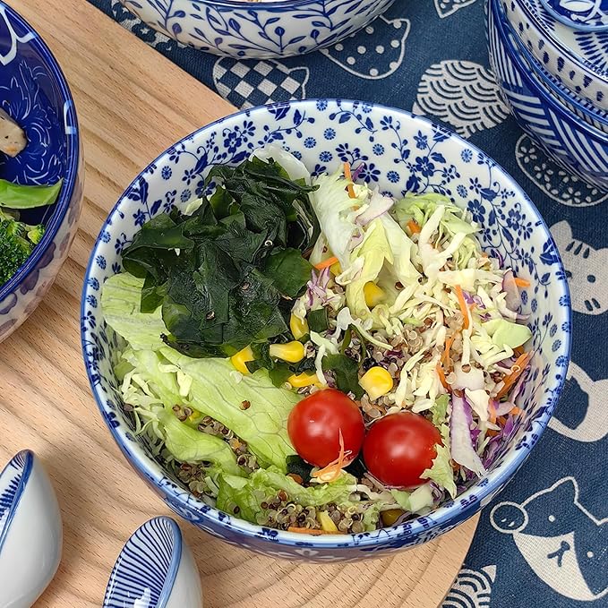 Japanese Ceramic Bowls Set of 6, 28 Oz Large Asian Porcelain Ramen Soup Salad Cereal Noodle Bowl with 6 Spoons, Deep Bowl for Kitchen Decor and Housewarming Gift, Dishwasher & Microwave Safe