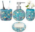 Handmade Blue Mosaic Glass Bathroom Accessory Sets 4PCS Bathroom Accessories Set Complete Includes Lotion Dispenser Toothbrush Holder Tumbler Cup & Soal Dish