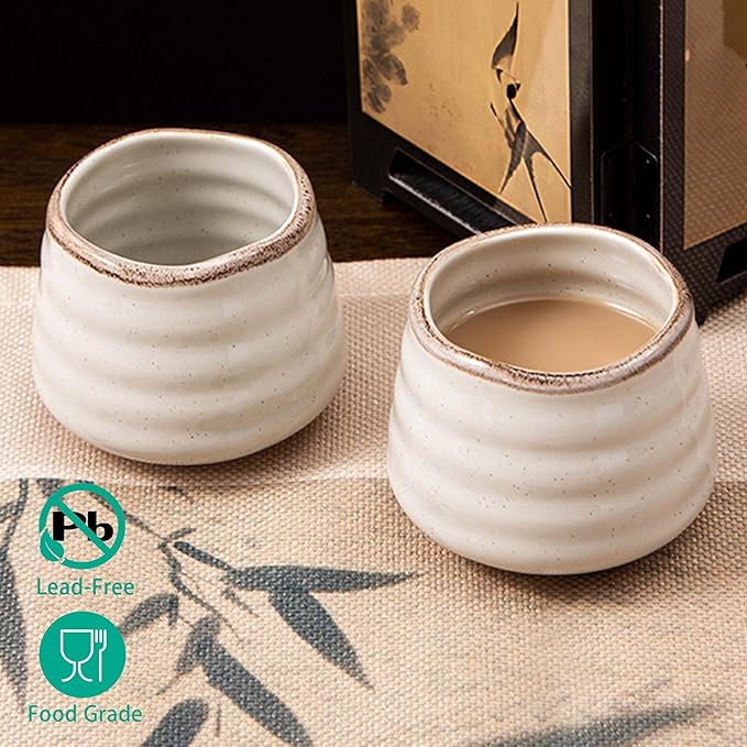 4pcs Japanese Tea Cup Set – 160ml 5.4OZ Ceramic Matcha Cup, Small Handless Espresso Cups, Cute Coffee Mugs for Valentine (Retro Grey)