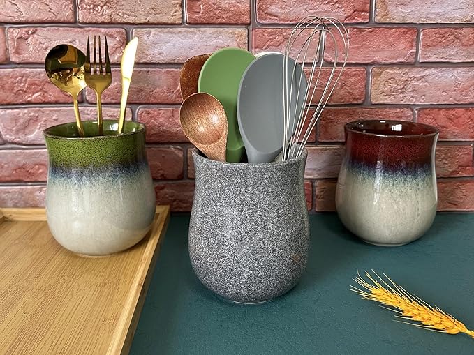 Short Kitchen Utensil Holder for Kitchen Counter, Ceramic Small Utensil Crock & Vase & Holder for Cutlery Spatula Brush Silverware Cooking Utensil Holder (Marble Grey)