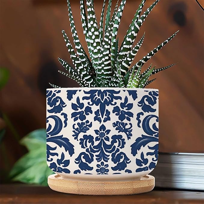 Blue Regalia Lion Ceramics Plant Pot Set of 5 Indigo Blue Flower Lion Asian Succulents Plants Live with Pot with Drainage Bamboo Trays Oriental Toile Chinoiserie Small Ceramics Planter