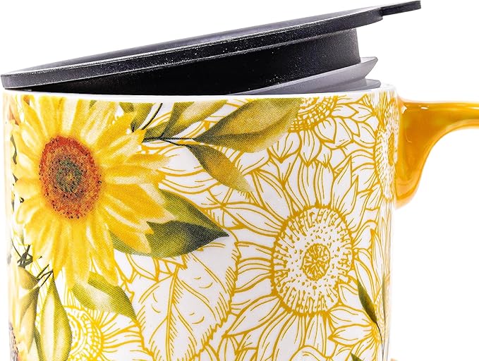 DUSVALLY Ceramic Tall Coffee Mug, Friends Coffee Cup Gift Set, Travel Mug with Lid for Office and Home, Porcelain Mug Unique Gifts for Women and Man, Color Box, 17 oz, Yellow Sunflower