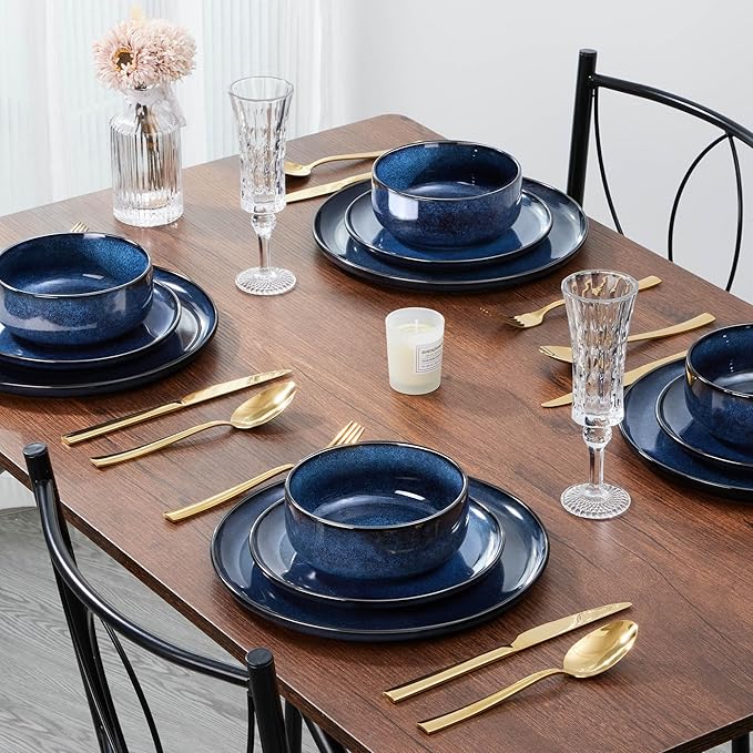 E-far 8” Ceramic Salad Plates Set of 6, Reactive Glaze Stoneware Dishes, Round Dessert Plate for Home Kitchen Restaurant, Microwave & Dishwasher Safe – Deep Sea Blue