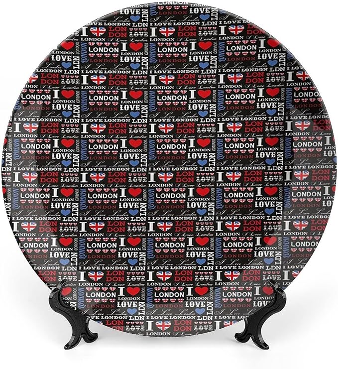 XISUNYA 10 Inch Decorative Plate, London Porcelain Plate, Cute Valentines Hearts I Love London Quote Travel Print Ceramic Wall Hanging Decor Accessory for Dining Table Tabletop Home Decor, Multicolor