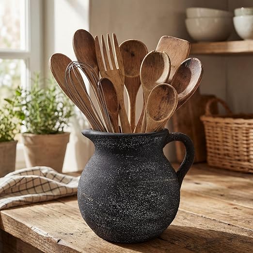 Rustic Kitchen Utensil Holder with Handle,7.48" H Ceramic Vintage Utensil Crock for Countertop, Farmhouse Kitchen Decoration Ceramic Pot for Spatulas Spoons Tongs(Classic,Antique Black Gold)