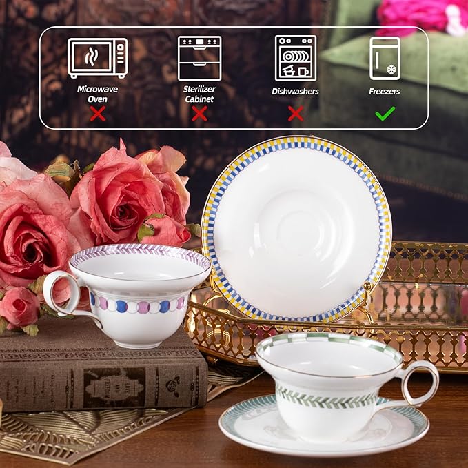 KAMMAK Ceramic Coffee Cups Saucers Set of 2, Porcelain Espresso Cups with Saucers, 5.92 oz Handmade Elegant Bone China Tea Cup, Ceramic Floral Pattern Demitasse for Latte, Americano, Cappuccino