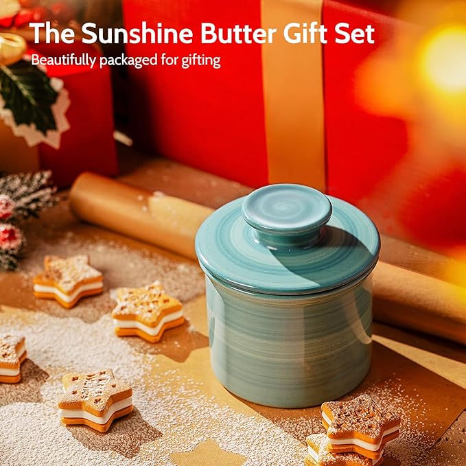 Sweese French Butter Dish with Lid - Vintage Butter Crock for Counter for Spreadable Butter - No More Hard Butter - Light Blue