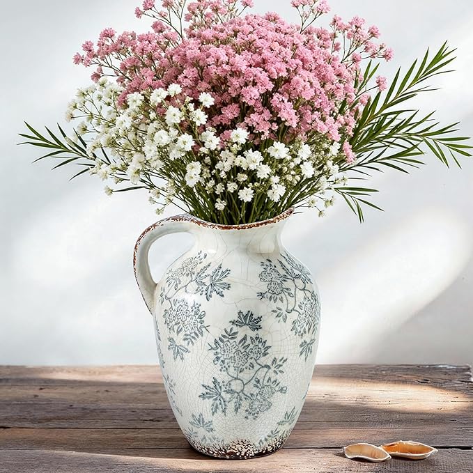 Enra Vintage vase with Handle,Blue and White Ceramic Decorative Flower vase, Vintage Pitcher,Large Rustic Vases for Home Decors, Living Room, Bookshelf, Office，9.7 inch