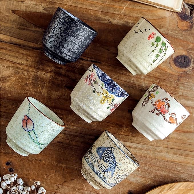 6 Pieces Japanese Tea Cups, 6 Oz Ceramic Coffee Cup with Good Heat Retention, No Handle Teacup Matcha Mug for Latte, Juice, Gift, Dishwasher Safe