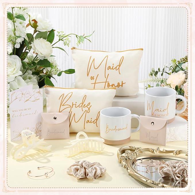 42 Pcs 6 Sets Wedding Favors Bridesmaid Proposal Gifts Maid of Honor Ceramic Coffee Cups Cosmetic Makeup Bags Invited Cards Scrunchies Knotted Bracelets Jewelry Bags Hair Claw Clips(Champagne)