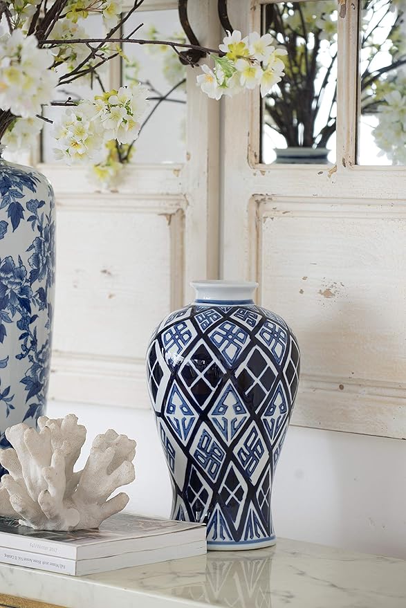 A&B Home 13" Porcelain Blue and White Tall Vase Hand Painted Glazed Ceramic Jar Home Decoration Asian Decor Centerpiece Urn