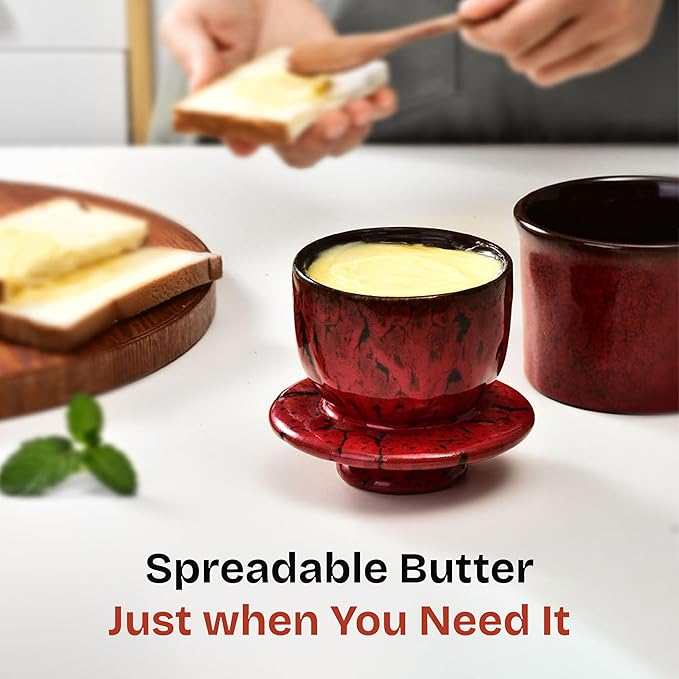 Pottery Butter Crock with Lid, Ceramic Butter Dish with Water Line, Countertop Butter Keeper, Butter Holder for Countertop, Red