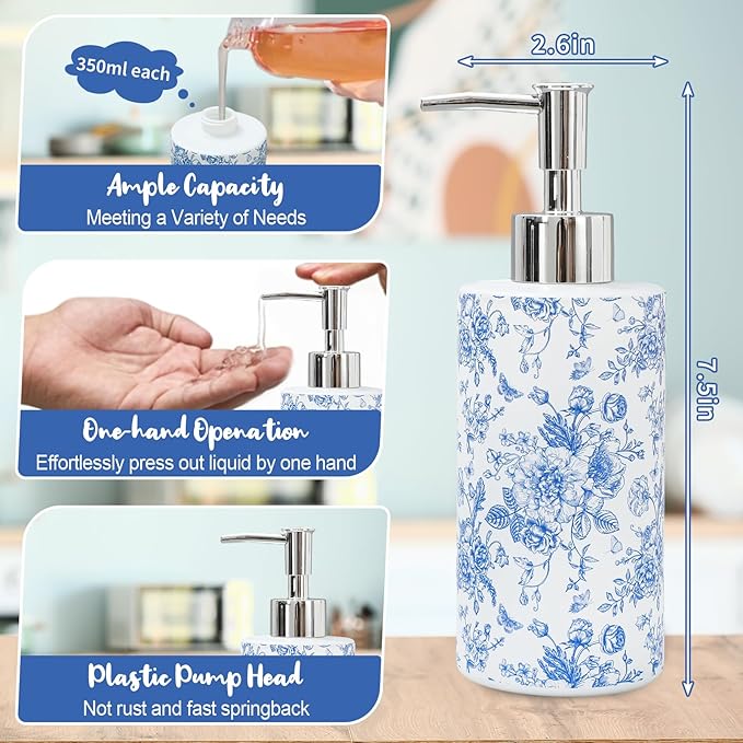 JarThenaAMCS Blue Floral Soap Dispenser Vintage Flower Butterfly Glass Dispenser with Pump Refillable Chinoiserie Liquid Soap Container for Farmhouse Home Kitchen Bathroom Countertop