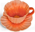JUSONEY 10 oz Tea Cups and Saucers, Ceramic Flower-shaped Cappuccino Cup, Latte Cup and Saucer set, elegant floral Espresso Cup set, cups are microwave and dishwasher safe-Orange