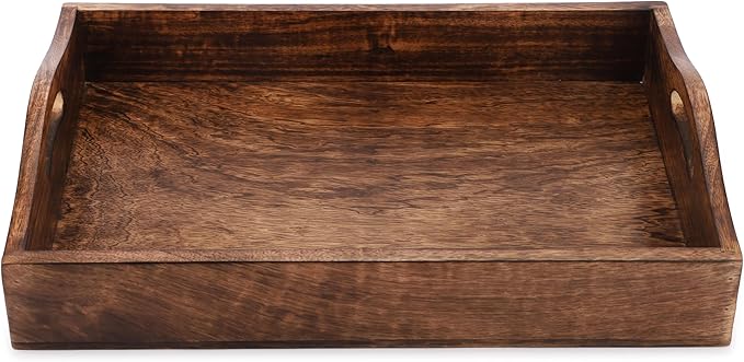Ajuny Set of 3 Wooden Serving Tray with Handles Decorative Solid Plain Style Handcrafted Rectangular Platter for Snacks Coffee Tea and Versatile Kitchen & Home Gift (15.7x11, 13.7x9.9, 11.4x8 Inch)