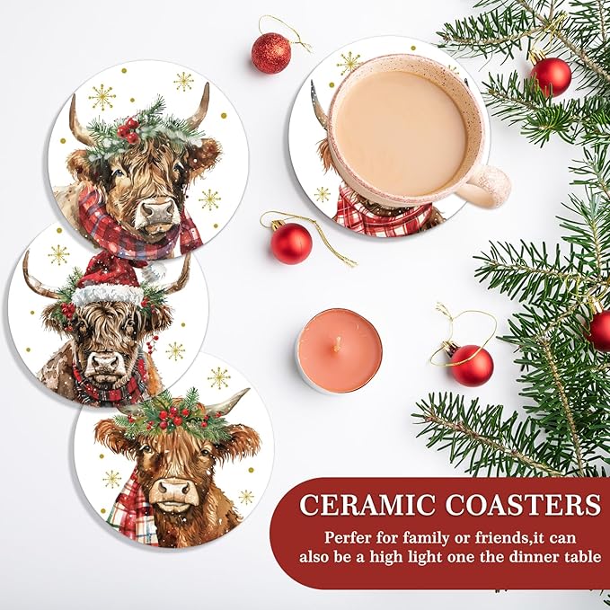 Whaline 6 Pcs Christmas Coasters Cup Mat with Metal Holder Watercolor Highland Cow Snowflake Ceramic Drink Coasters for Xmas Winter Holiday Animal Party Home Table Decor