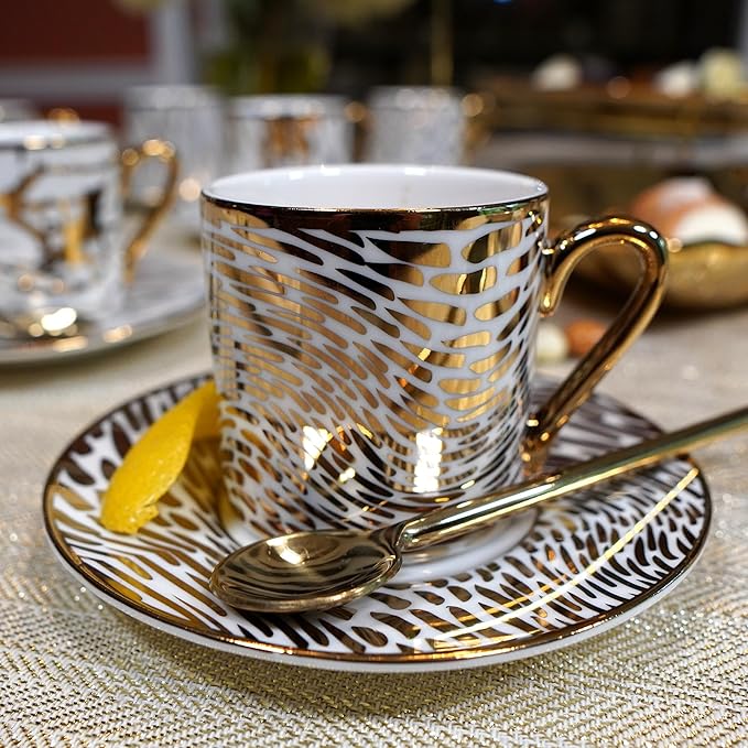 Matrix Gold Porcelain Espresso Cup & Saucer Set – 6 Assorted Modern Designs with Gold Plated Accents – Elegant Espresso Cups for Entertaining, Gift-Giving & Home Décor