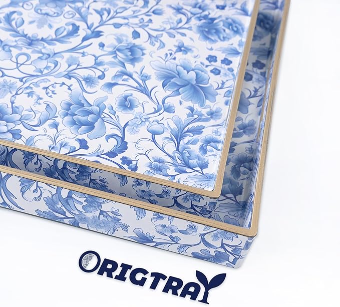Serving Tray with Handles, 2 Pack Rectangular Plastic Tray 15.75x11.81 Inch, Blue and White Peony Chinese Porcelain Style Decorative Tray for Kitchen, Dining Table, Vanity, Office & Home