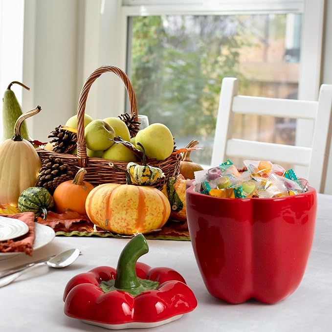 Bell Pepper Food Storage Jar, Red Ceramic Cookie Jar with Lid, Unique Decorative Candy Container Jar, Kitchen Canister Decorations for Home Kitchen Special Housewarming Gift