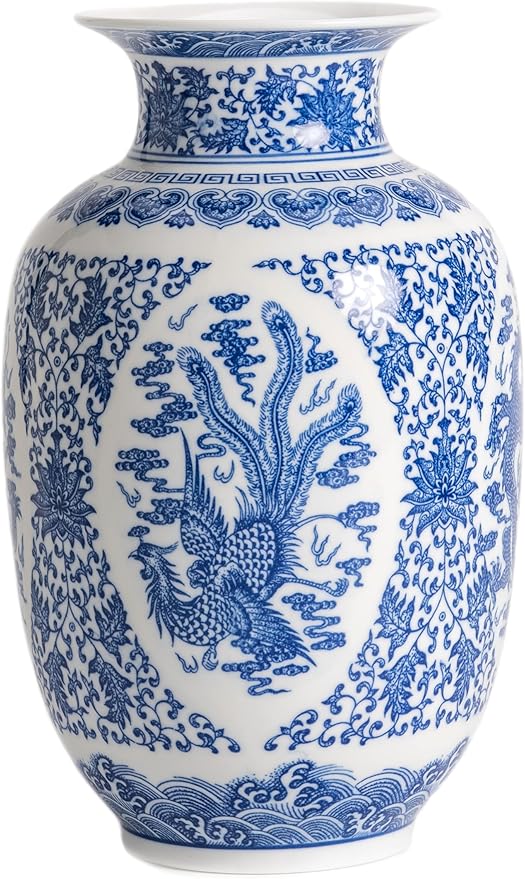 Blue and White Vase, Chinoiserie Porcelain for Living Room Shelf, Entryway Decor & Blue and White Home Centerpiece, Blue Vases Home Décor,11" H