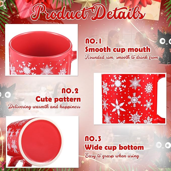 Sliner 2 Sets Red Christmas Snowflake Mugs 11 oz Winter Ceramic Coffee Cups Gift Holiday Ceramic Tea Cup Xmas Birthday Gifts for Men Women