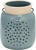 Sagebrook Home Ceramic Hurricane Lantern with Cutout Design - Stoneware Decorative Candle Holder for Home, Office & Living Room - Rustic Garden Accent - 6" Blue