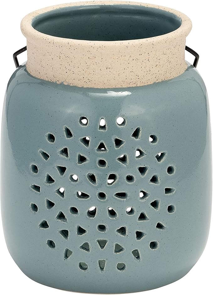 Sagebrook Home Ceramic Hurricane Lantern with Cutout Design - Stoneware Decorative Candle Holder for Home, Office & Living Room - Rustic Garden Accent - 6" Blue