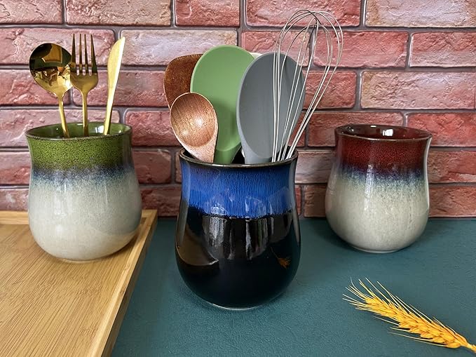Short Kitchen Utensil Holder for Kitchen Counter, Ceramic Small Utensil Crock & Vase & Holder for Cutlery Spatula Brush Silverware Cooking Utensil Holder (Retro Sapphire)