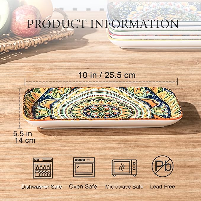 Henten Home Ceramic 10 Inch Salad Plates, Porcelain Rectangular Dessert Plate Set of 6, Bohemian Serving Dishes for Sushi, Pasta, Appetizer, Microwave & Dishwasher Safe