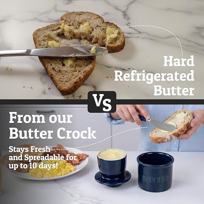 PriorityChef Butter Crock with Lid with Water Line,Ceramic French Butter Dish to Leave On Counter, Dark Navy
