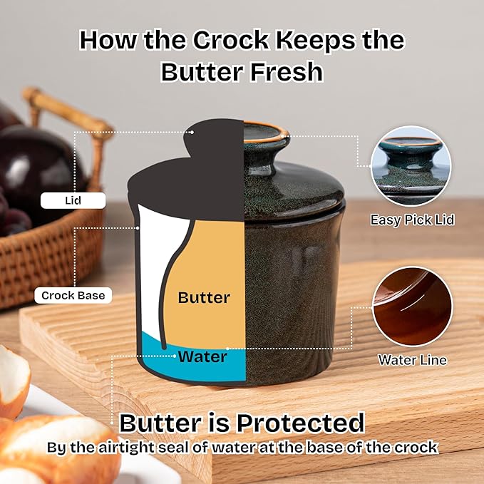 Pottery Butter Crock with Lid, Ceramic Butter Dish with Water Line, Countertop Butter Keeper, Butter Holder for Countertop, Greenish Brown
