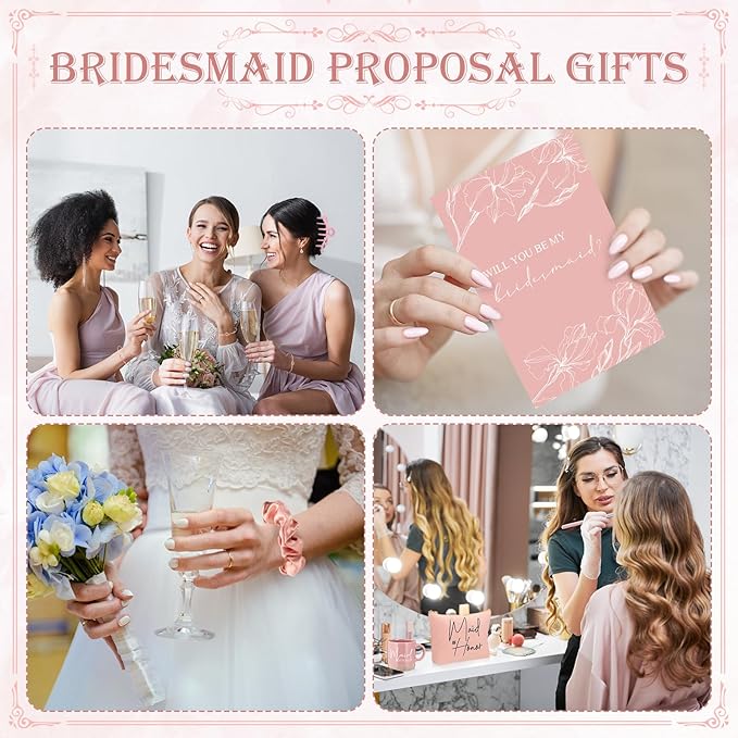 42 Pcs 6 Sets Wedding Favors Bridesmaid Proposal Gifts Maid of Honor Ceramic Coffee Cups Cosmetic Makeup Bags Invited Cards Scrunchies Knotted Bracelets Jewelry Bags Hair Claw Clips(Pink)
