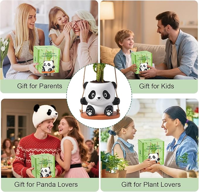 Swing Panda Hanging Planters for Indoor Plants, Cute Succulent Pots with Drainage Hole, Small Hanging Flower Pots Outdoor, Panda Gifts for Plant Lovers (Boy-White)
