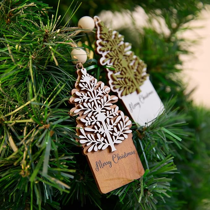NGHYANA Merry Christmas 3D Wooden Tree Ornaments Set for Holiday Decor 4 Inch Rustic Hanging Decorations