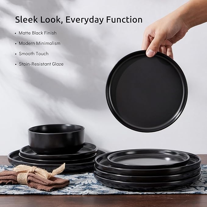 E-far 8” Ceramic Salad Plates Set of 6, Stoneware Dishes Dessert Plate for Home Kitchen Restaurant, Microwave & Dishwasher Safe – Matte Black