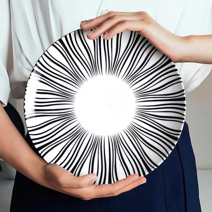 10" Black and White Striped Ceramic Plates Set of 6, Zebra Pattern Dinner Plates Set, Minimalist Porcelain Dish Set, Microwave, Oven & Dishwasher Safe