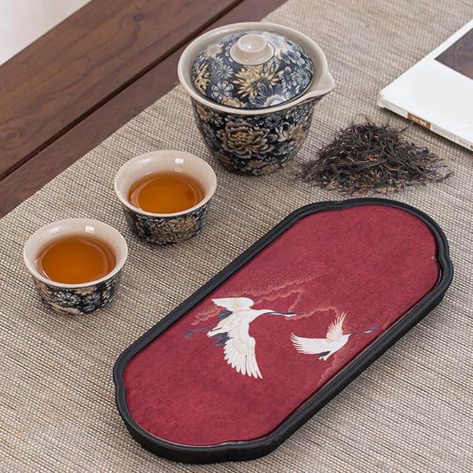 Elegant Absorbent Tea Tray – Vintage Handcrafted Gongfu Tea Table with Crane & Nature-Inspired Patterns, Tea Serving Tray, Compact Water-Absorbing Tea Board for Home & Office