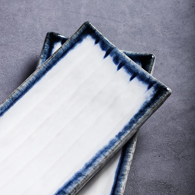 Uaral Sushi Plate,Ceramic White Sushi Plate Sashimi Plate Japanese Platter For Restaurant and Sushi Bar,Set of 4(Midnight Blue&White)