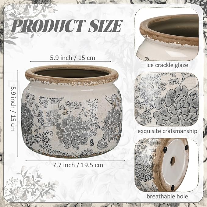 7.7" Large Ceramic Plant Pot Beige Gray Rustic Peony Crackle Glaze Rustic Flowers Pot Decorative Planter with Drainage for Indoor Outdoor Plants Home Kitchen Office Decor Gift