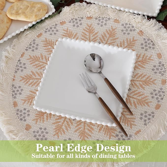 TAMAYKIM 6 Inch Porcelain Dessert Plates, Appetizer Plates, Square Shape Small Dinnerware Sets, Scratch Resistant, Microwave, Oven, and Dishwasher Safe, White with Pearl Dots, 12 Pieces