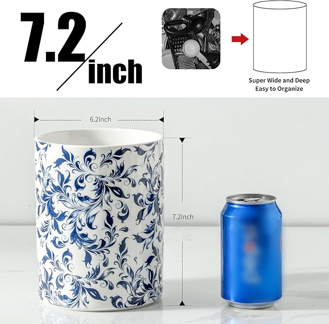 Kitchen Utensil Holder for Tools, Spatula Holder Extra Large Utensil Crocks for Countertop, Blue and White utensil holder Ceramic Apartment Essentials (7.2in×6.2in
