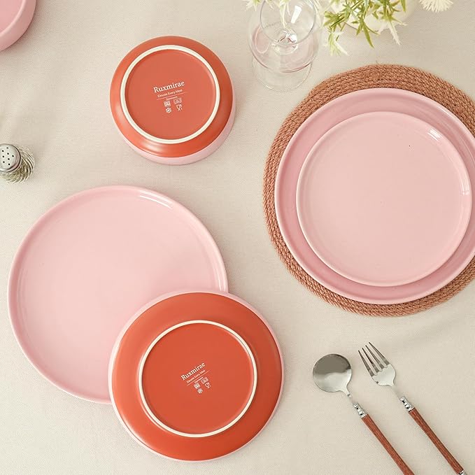 12 Piece Dinnerware Set, Dual Glaze Stoneware Plates and Bowls Sets, Modern Dinner Plate, Salad Plate, Cereal Bowl, Dish Set for 4, Microwave and Dishwasher Safe, Pink