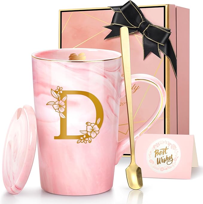 Birthday Gifts for Women, Personalized Gifts for Women, Ceramic Mug with Lid, Spoon Greeting Card, 14 Oz Pink Initial Mug Customized, Christmas Gift Basket for Her Mom Grandma Sister Wife Unique,D