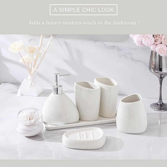 Ceramic Bathroom Accessory Set, 7 Pieces Countertop Accessories, Include Soap Dispenser, Toothbrush Holder, 2 Tumbler Cup, Soap Dish, Plastic Vanity Tray, Qtip Holder (White)