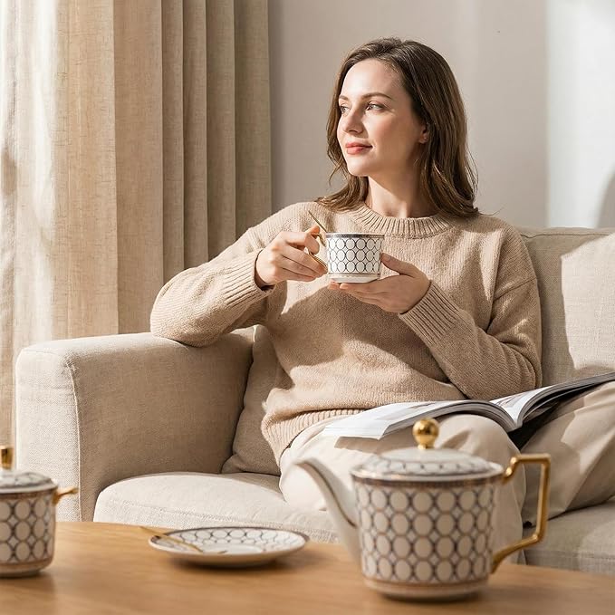 CwlwGO- Bone China Tea Cup Sets,15-Pieces Tea Cup and Saucer Set Service For 4 Whit 28 Ounces Teapot,Sugar Bowl,Creamer Pitcher and Spoons, Tea Gifts Sets For Women Patry.